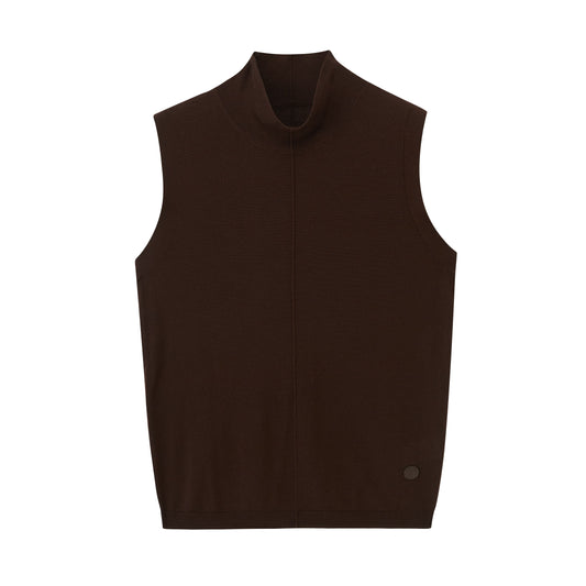 a brown silky wool mock neck sleeveless sweater