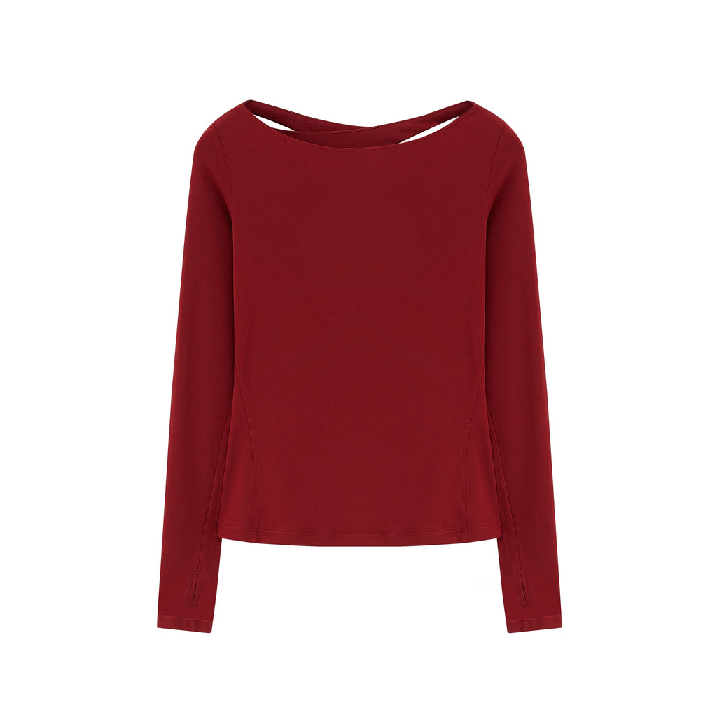 Flat lay of red long sleeve top