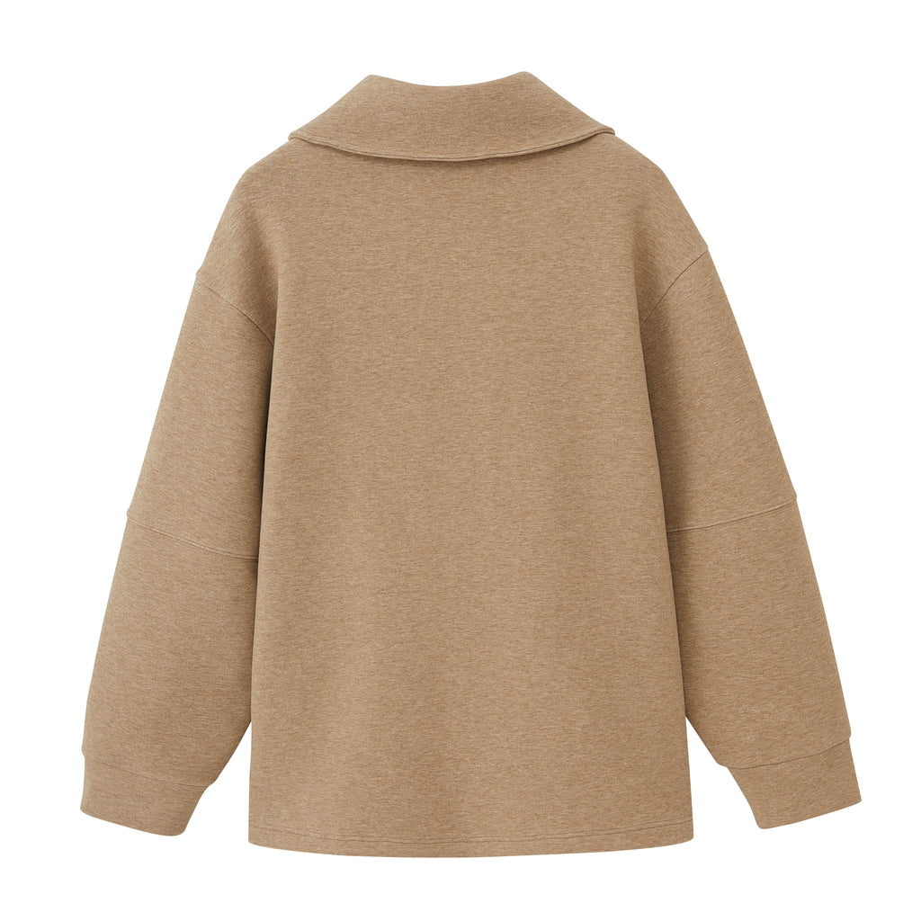 a coffee color zip up jacket back view