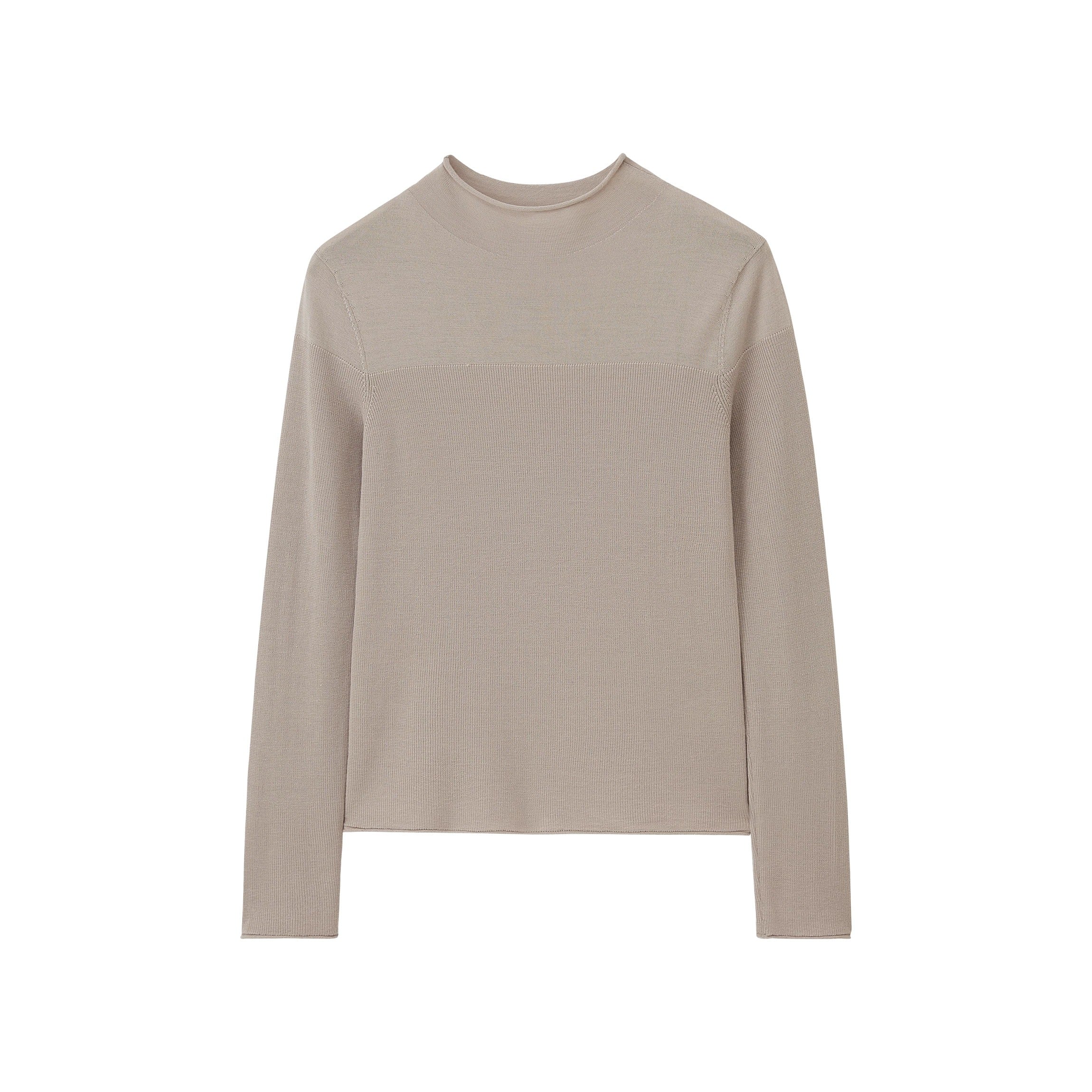 a grey silky wool mock neck sweater