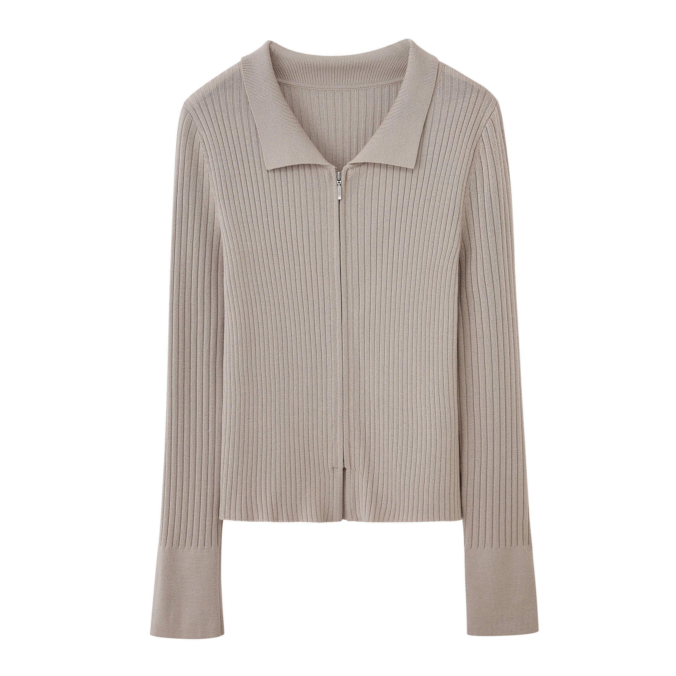  a gray silky wool zip-up cardigan