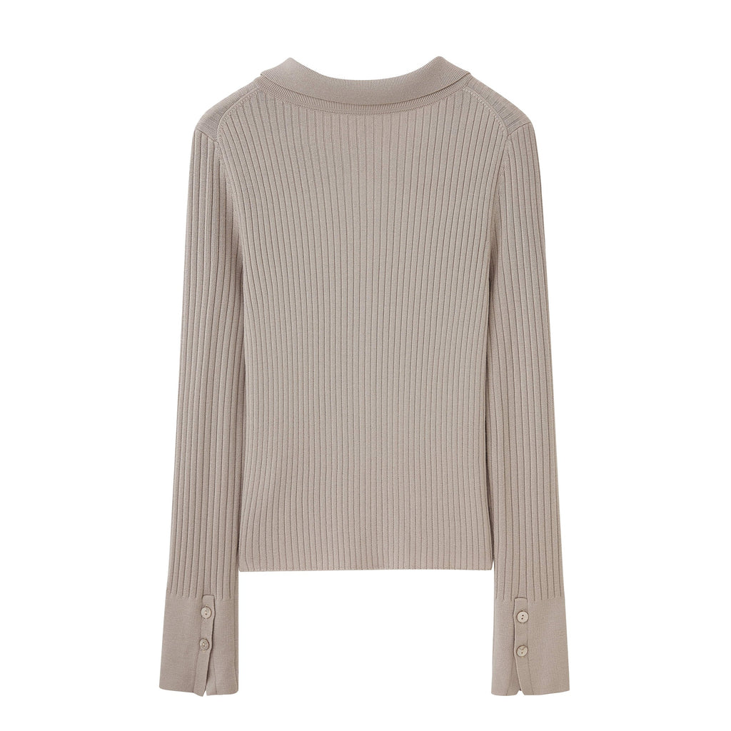 a gray silky wool zip-up cardigan from back