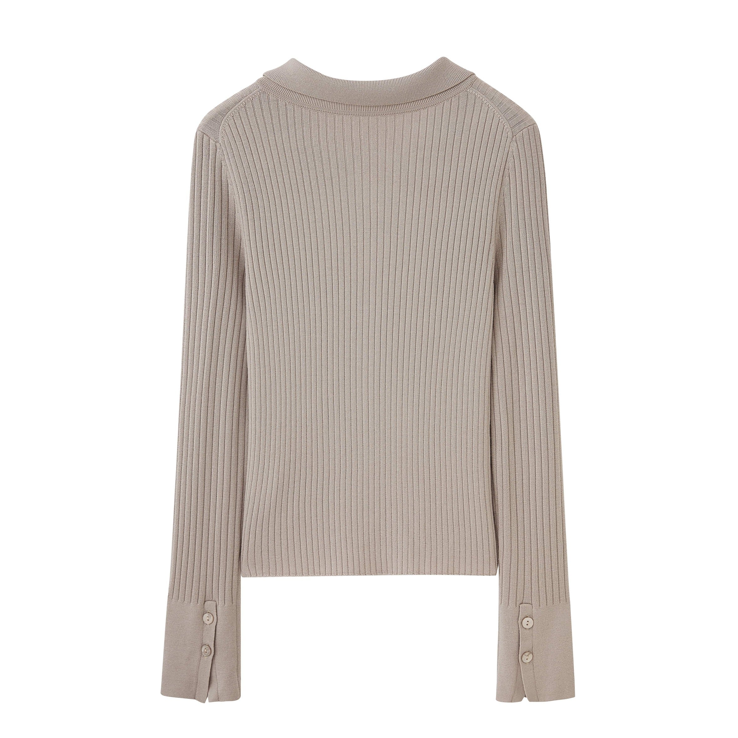 a gray silky wool zip-up cardigan from back