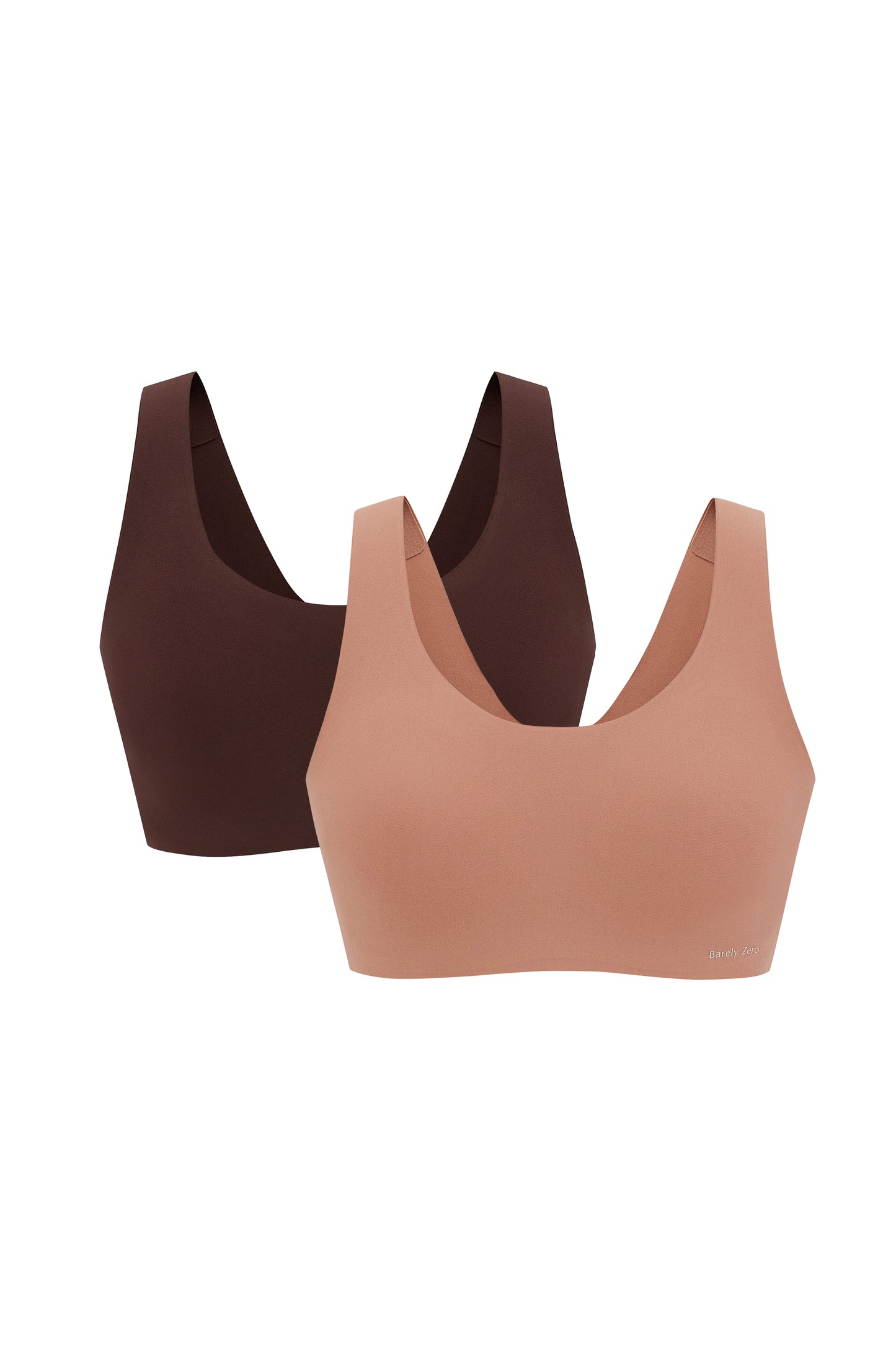 Two Barely Zero Classic Bra in brown shades, one in a darker brown and the other in a cinnamon color, both featuring CloudFit technology, displayed against a white background.