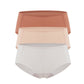 Flat lay image of white underwear, beige underwear, and rust-colored underwear