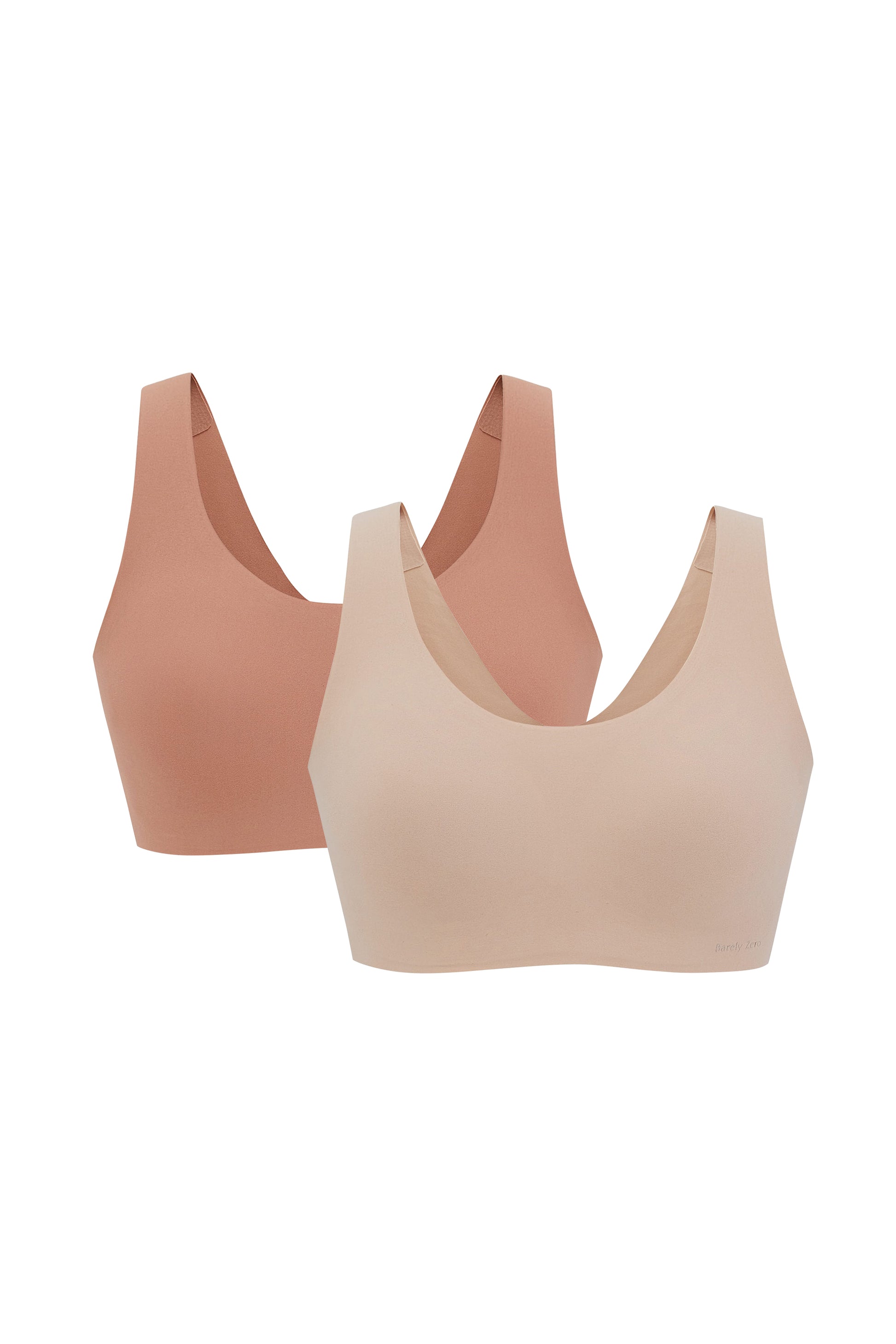 Two Barely Zero Classic Bra Bundles in neutral shades, one in a darker tan and the other in a lighter beige, both featuring CloudFit technology, displayed against a white background.