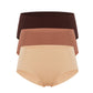 Flat lay image of brown, rust-colored, and beige underwear