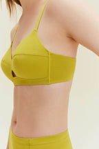 close up of woman in mustard bra and brief