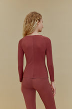 back of women in red cashmere Thermal Underwear set