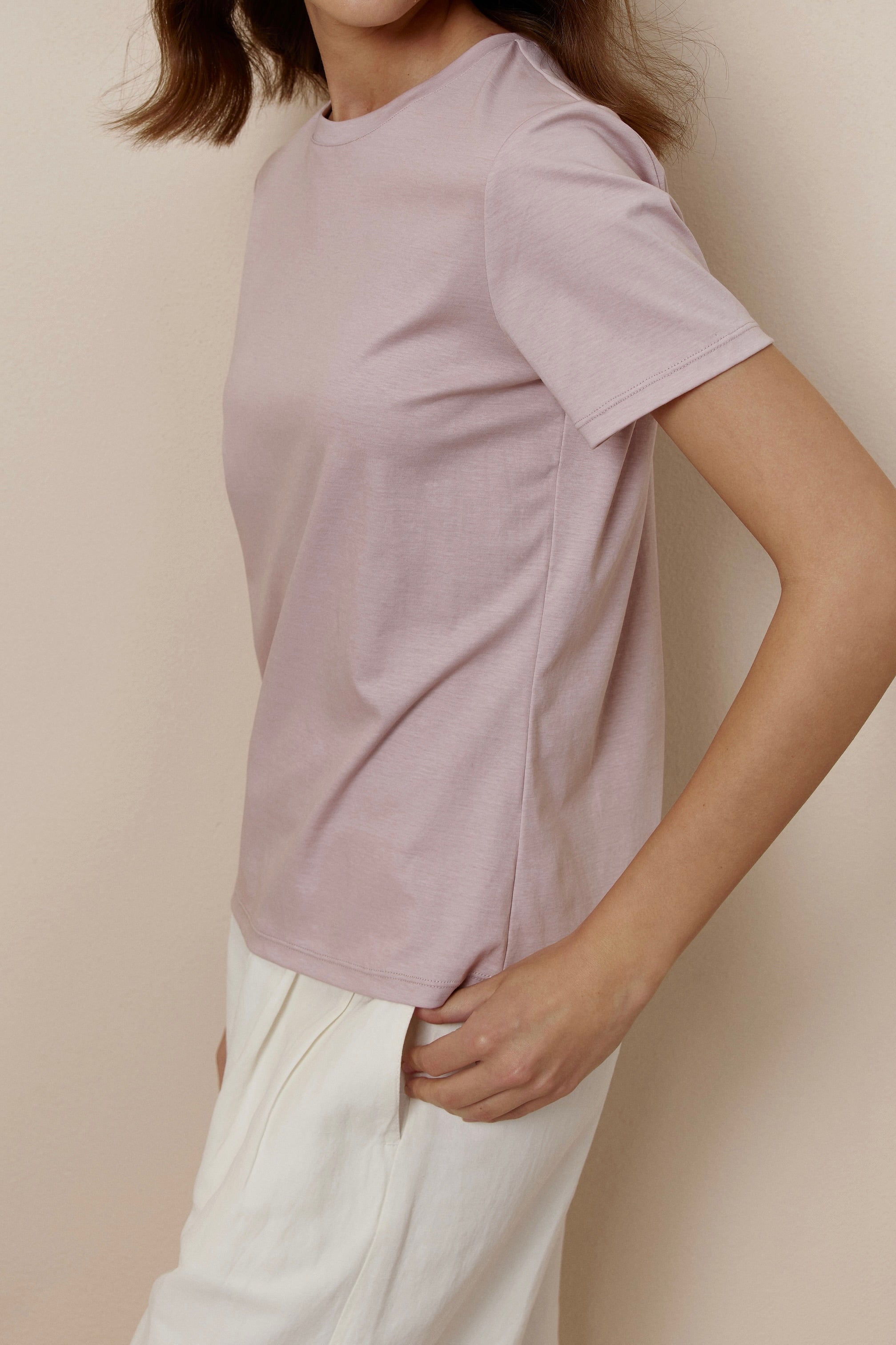 side of women in pink Tee