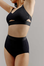 close up of black bikini top and bottom
