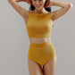 woman in yellow bikini top and bottom