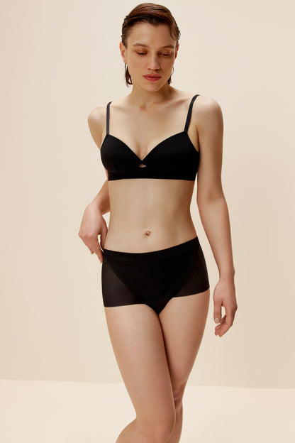 Woman wearing black high waisted mesh briefs and matching bra