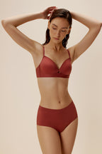 woman in maroon bra and brief