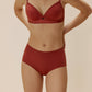 woman in maroon bra and brief