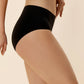 side view of a black mid waist period brief