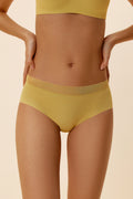 A woman wears a yellow bra and brief.