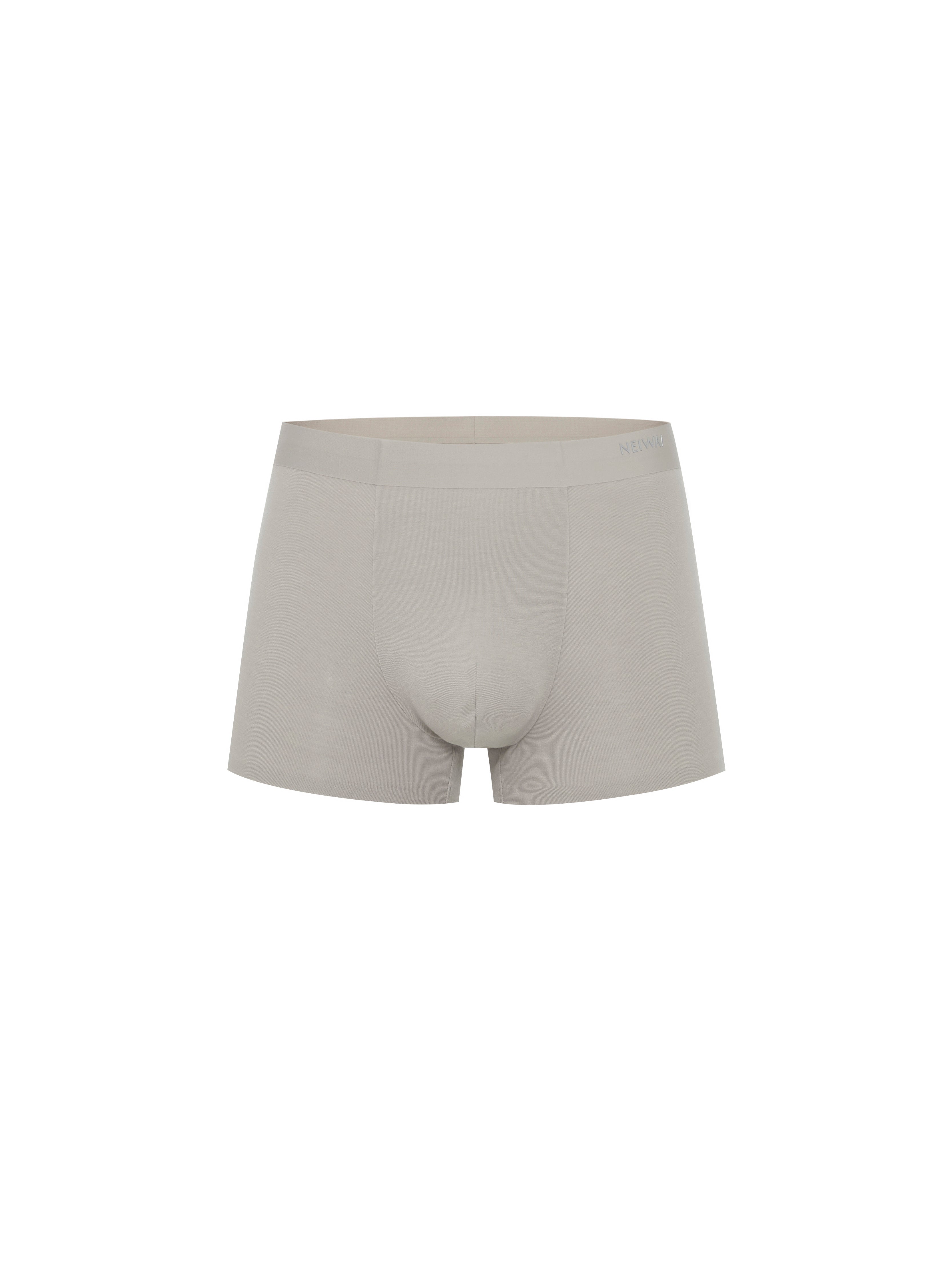 Flat lay of light gray boxer briefs