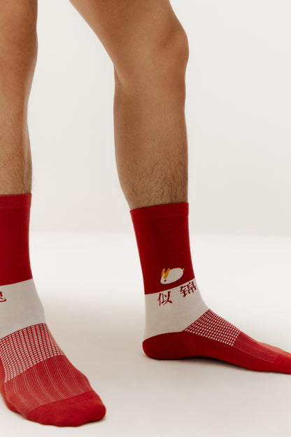 man's feet wearing a pair of socks