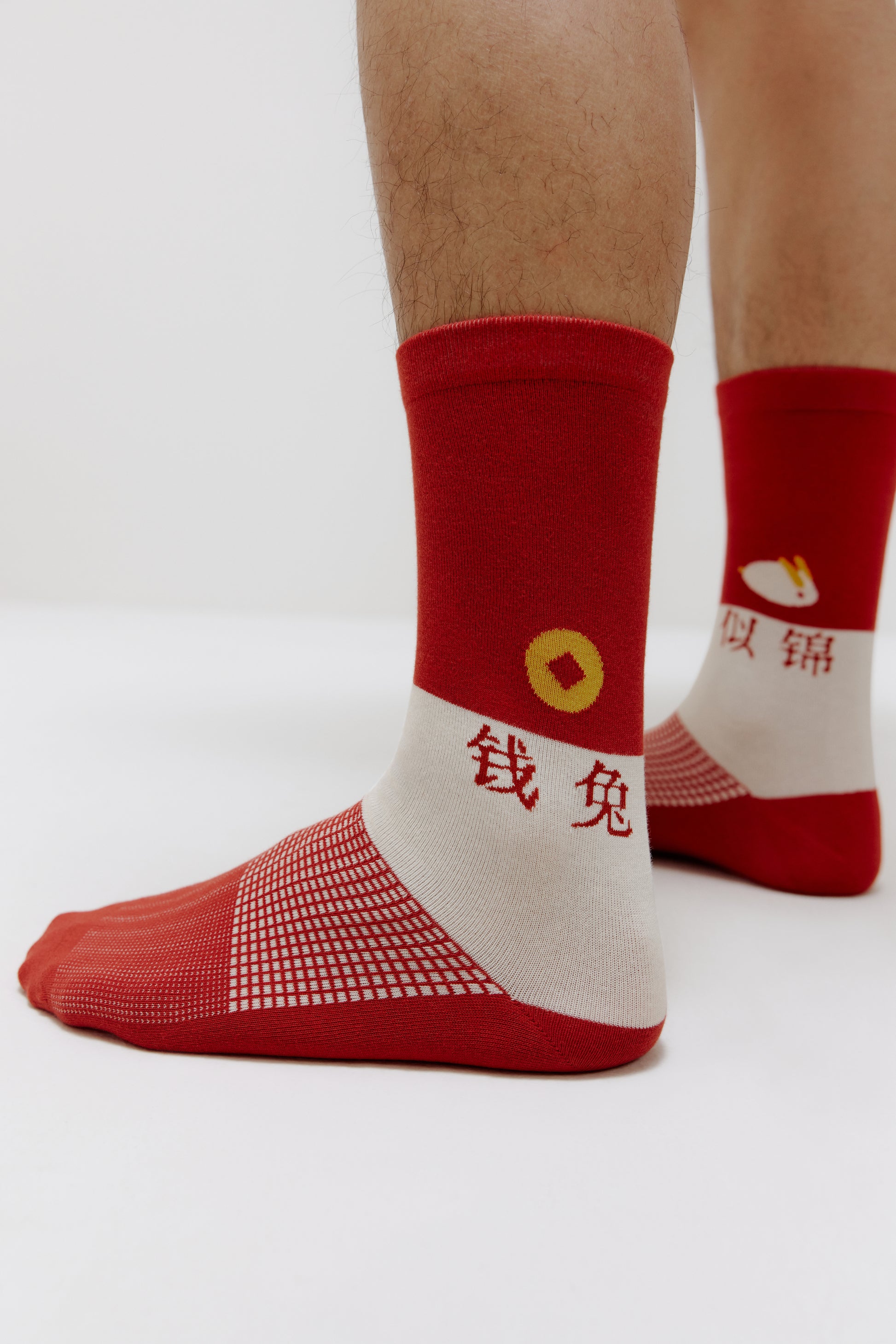 man's feet wearing a pair of socks