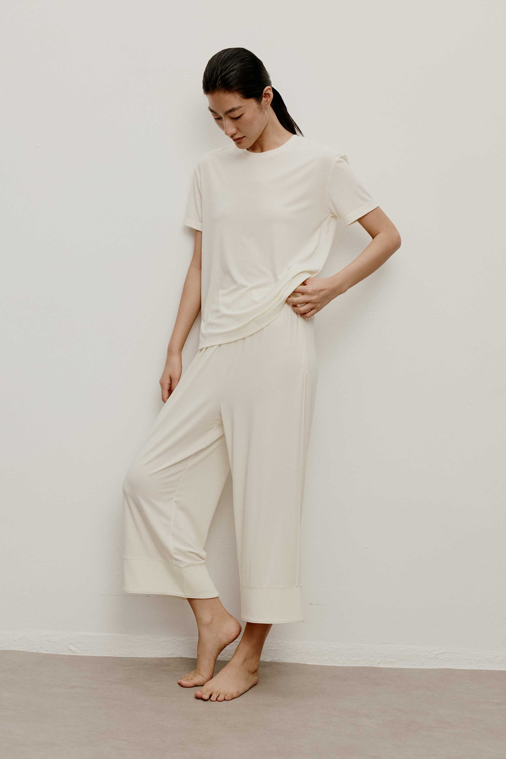 woman in off white pajama set