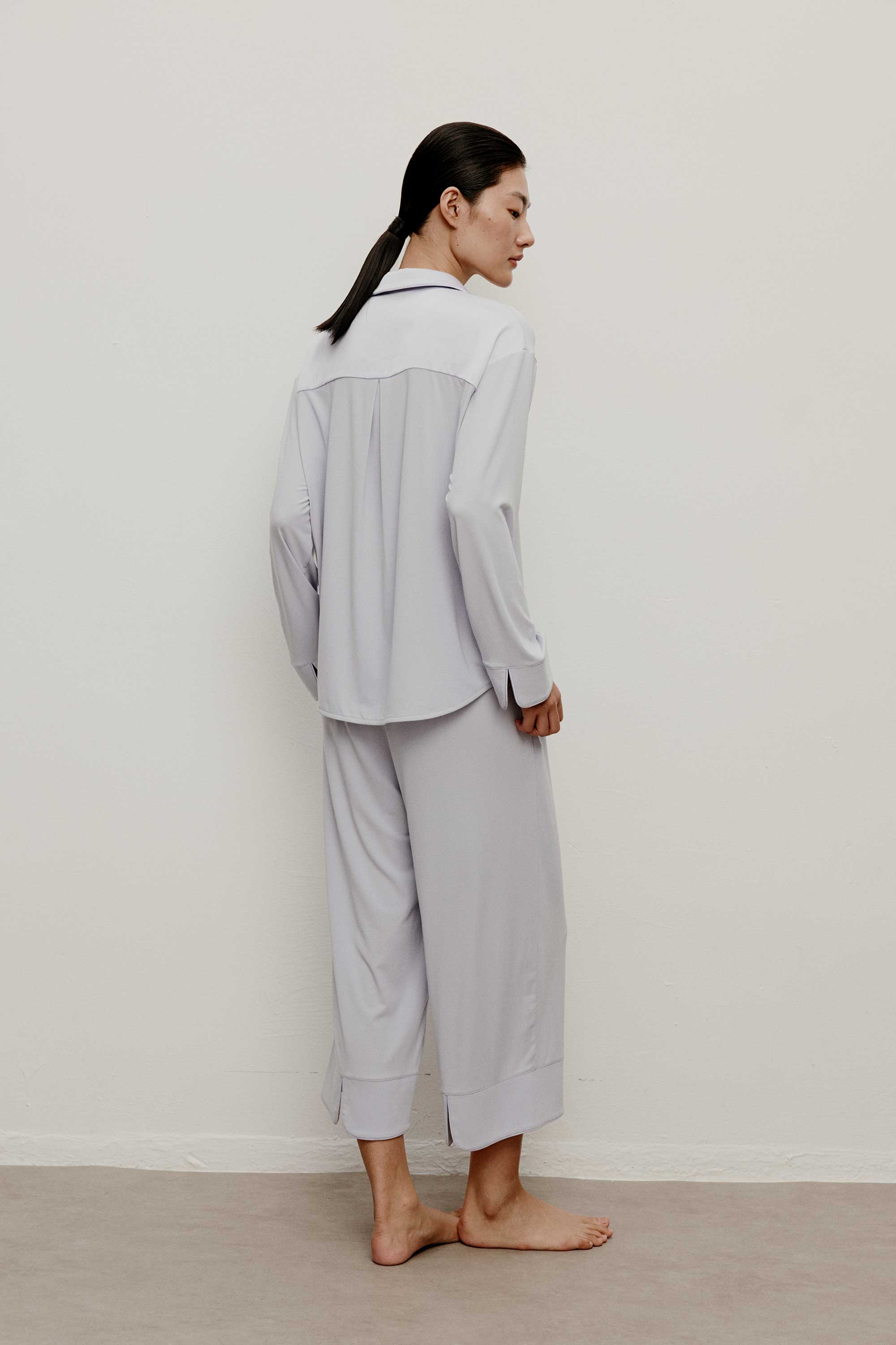 woman in blue pajama set