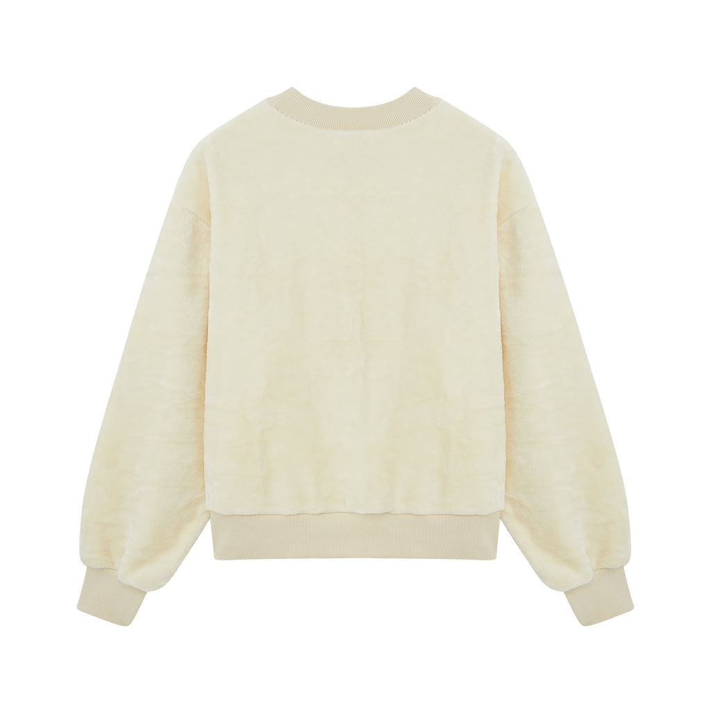 back of cream color fleece crew neck fleece pajama top