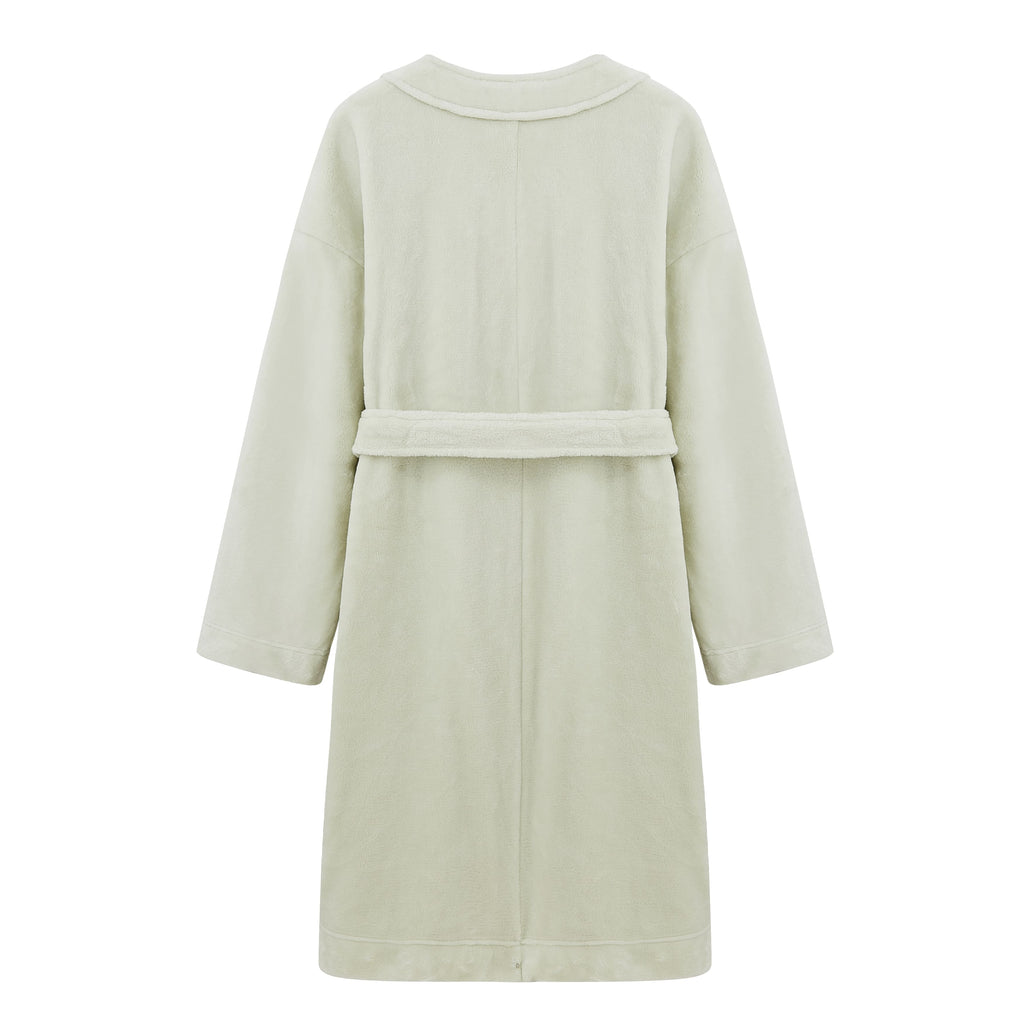 light green fleece robe back flat lay