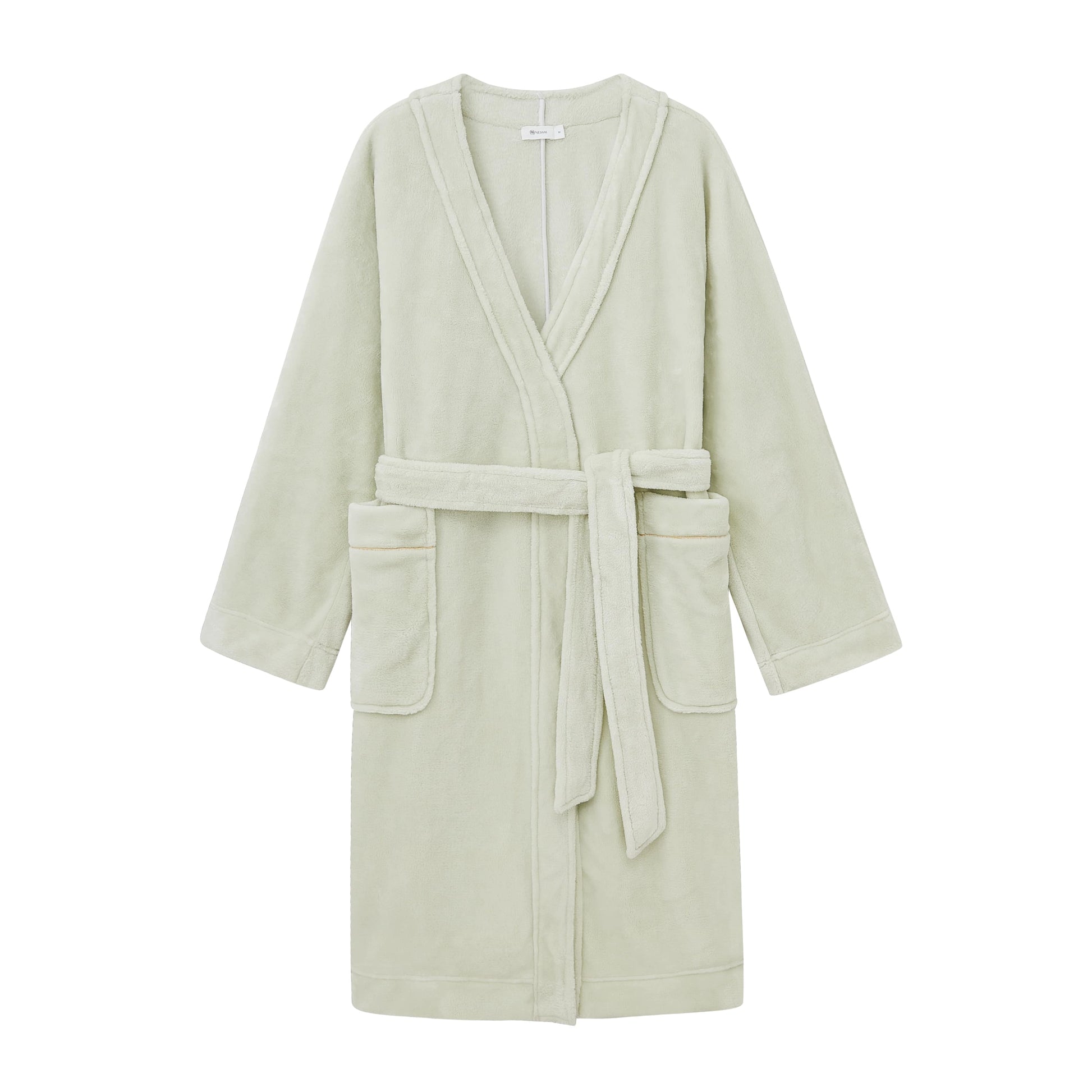 light green fleece robe flat lay