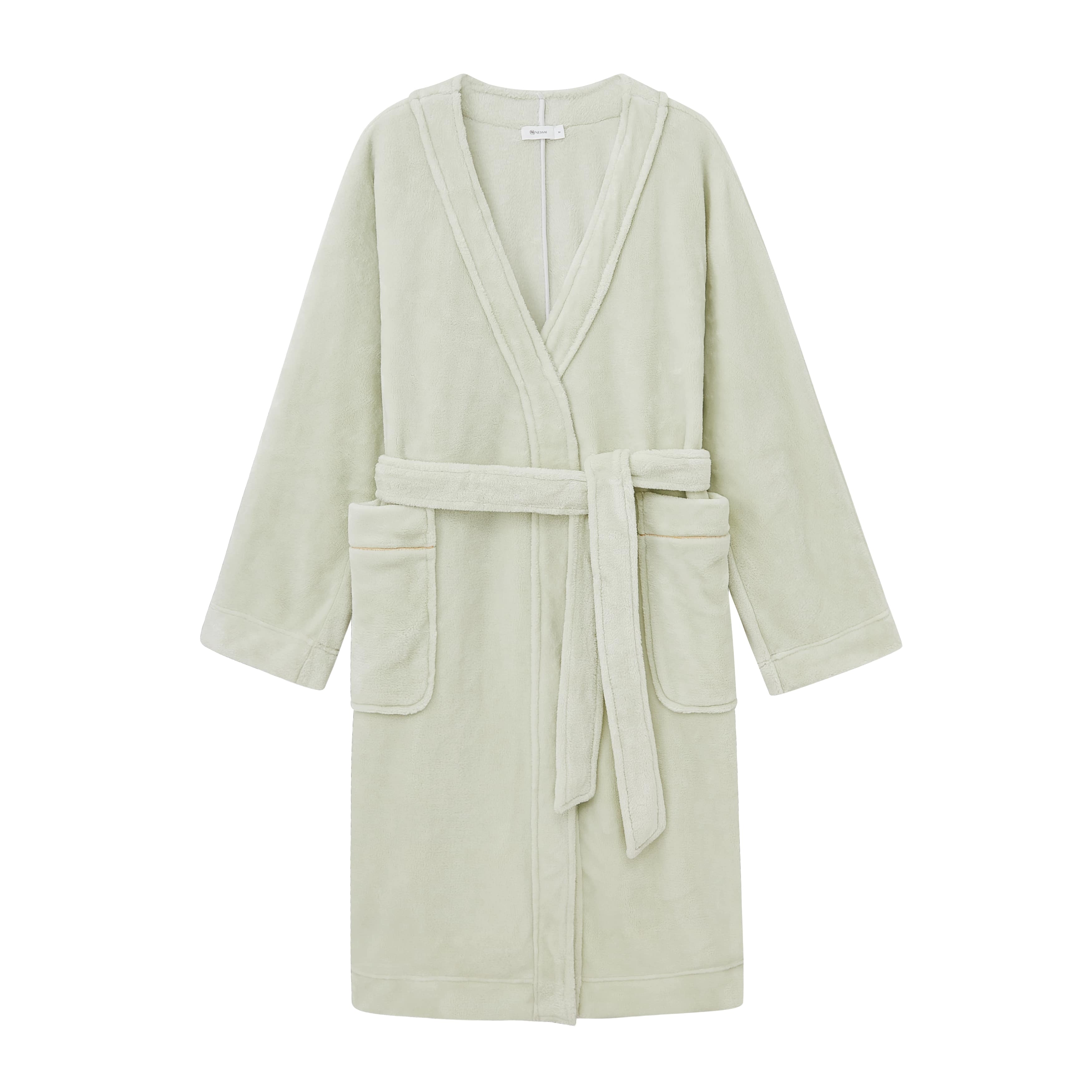 light green fleece robe flat lay