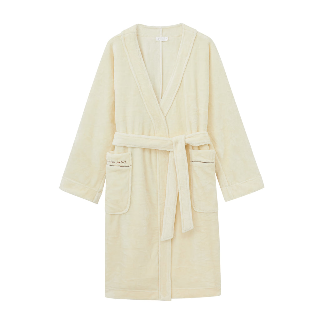 light yellow fleece robe flat lay