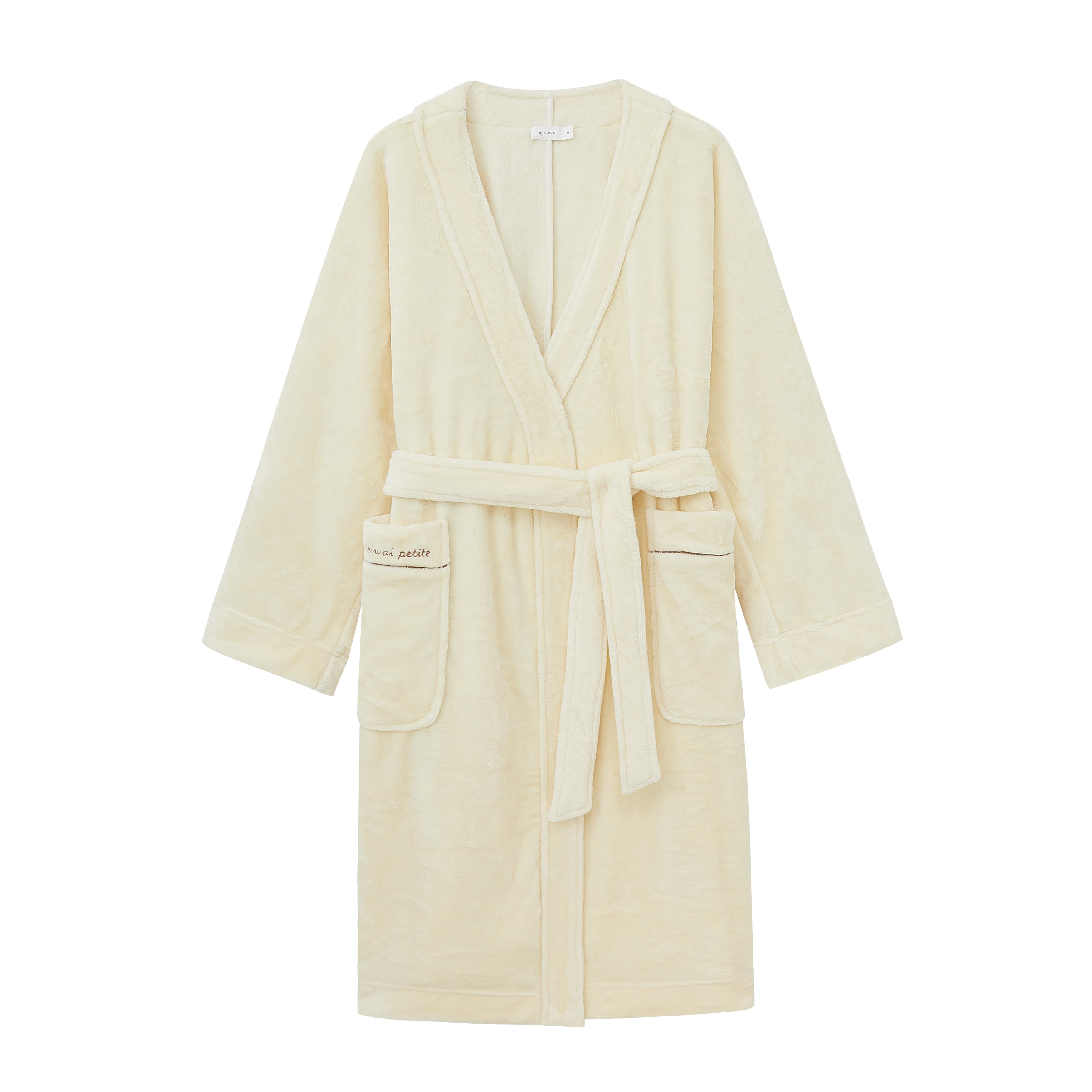 light yellow fleece robe flat lay
