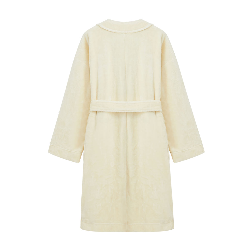 light yellow fleece robe back flat lay