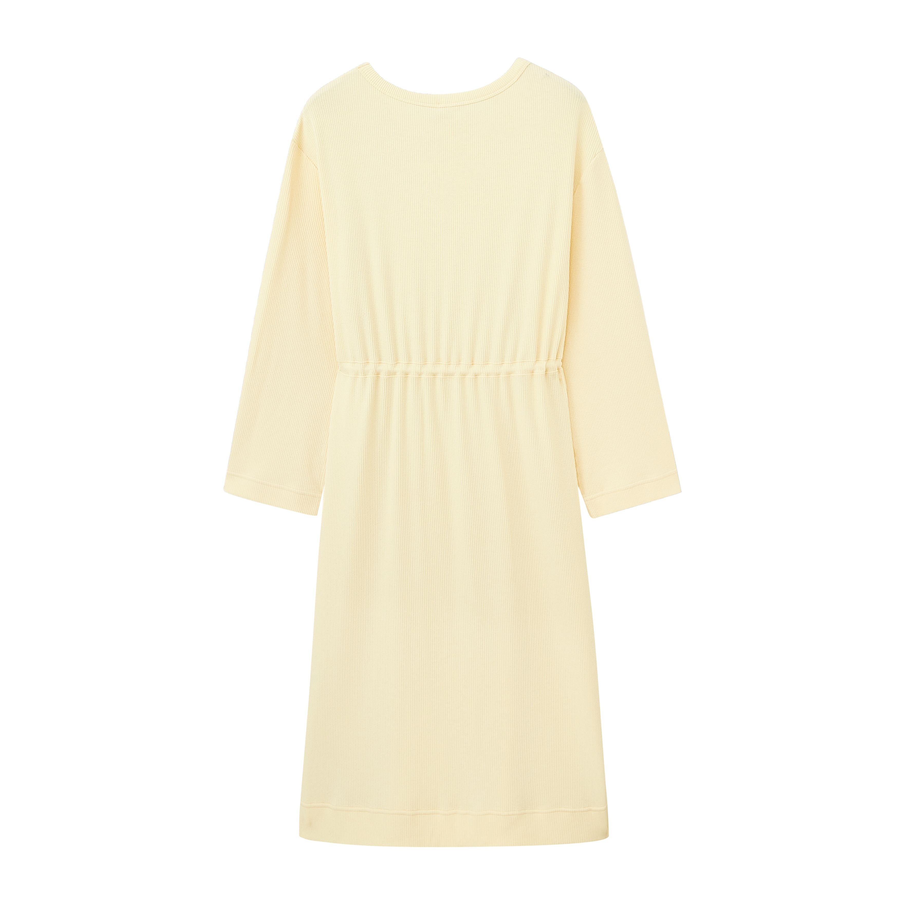 flay lay image of the long sleeve yellow pajama dress with waist drawstring from back