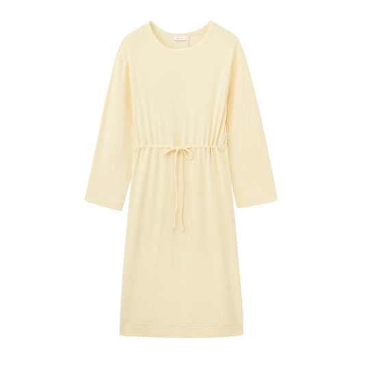 flay lay image of the long sleeve yellow pajama dress with waist drawstring