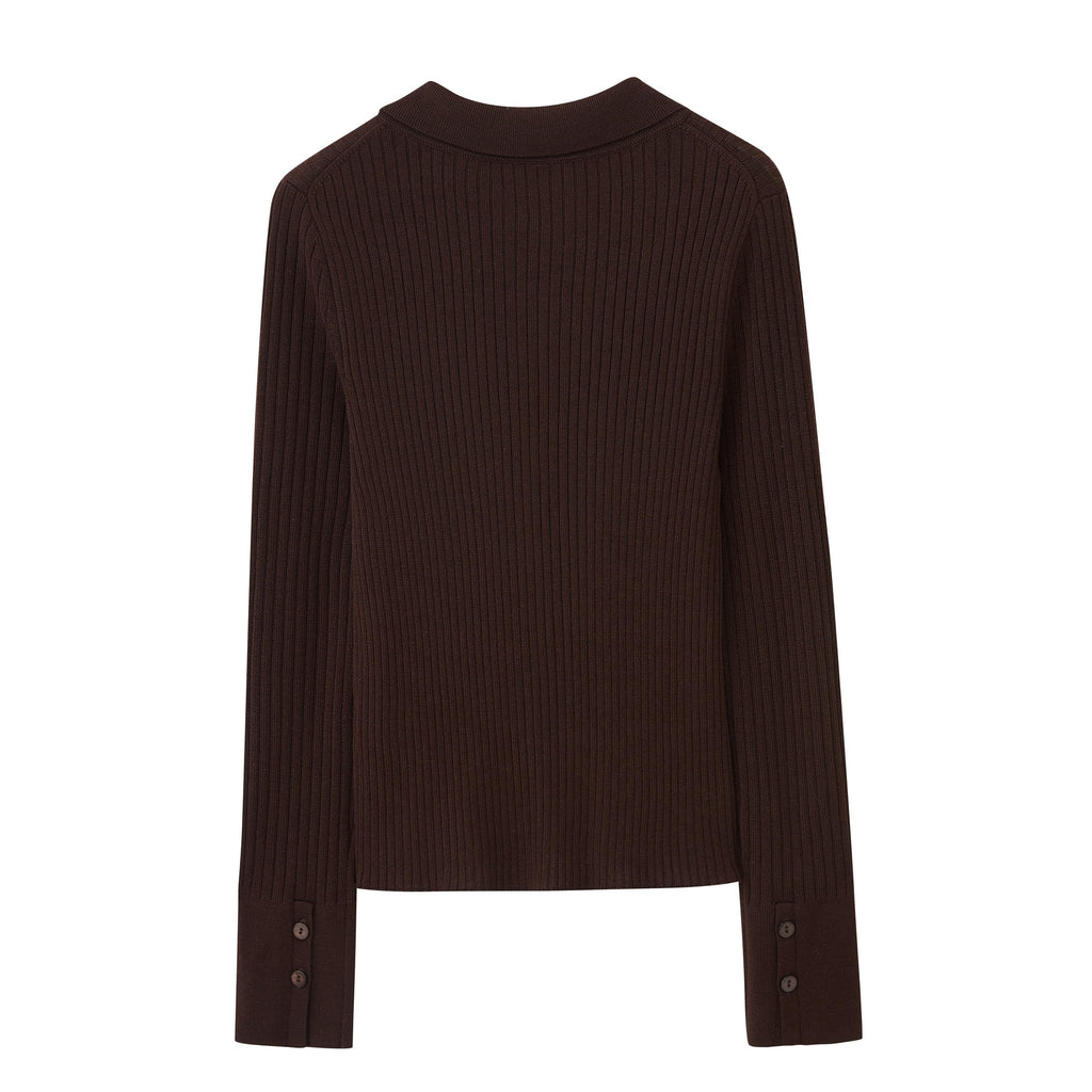 a brown silky wool zip-up cardigan from back
