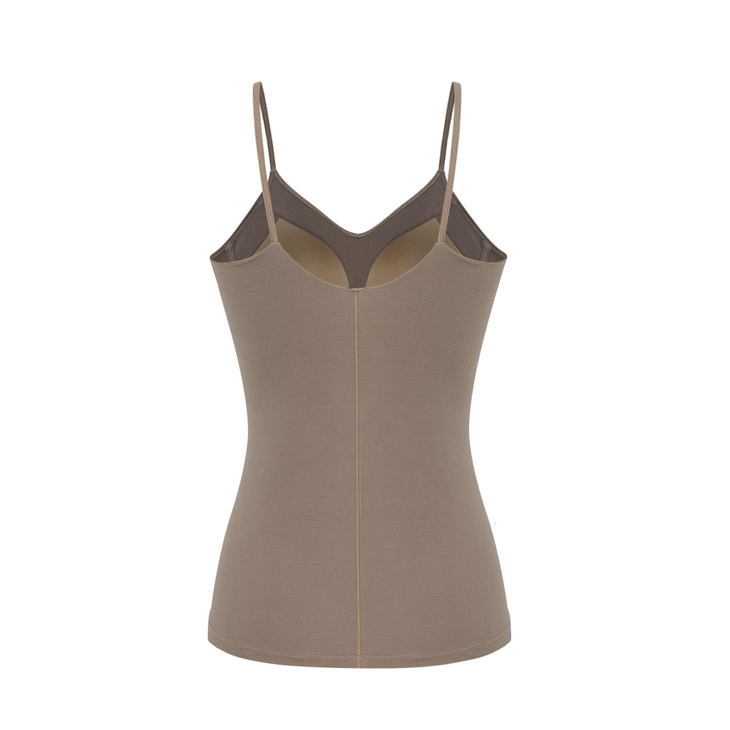 flat lay image of brown camisole from back