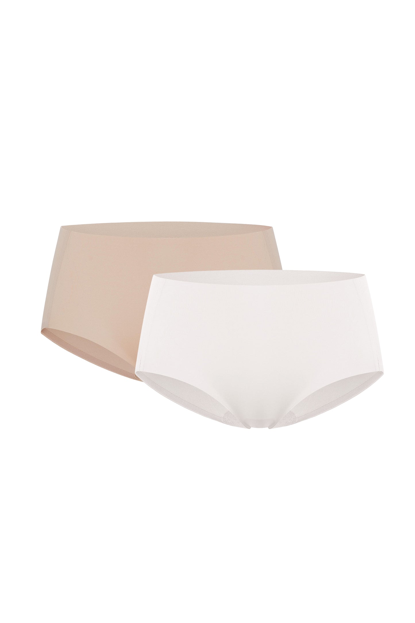 Flat lay image of white underwear and beige underwear