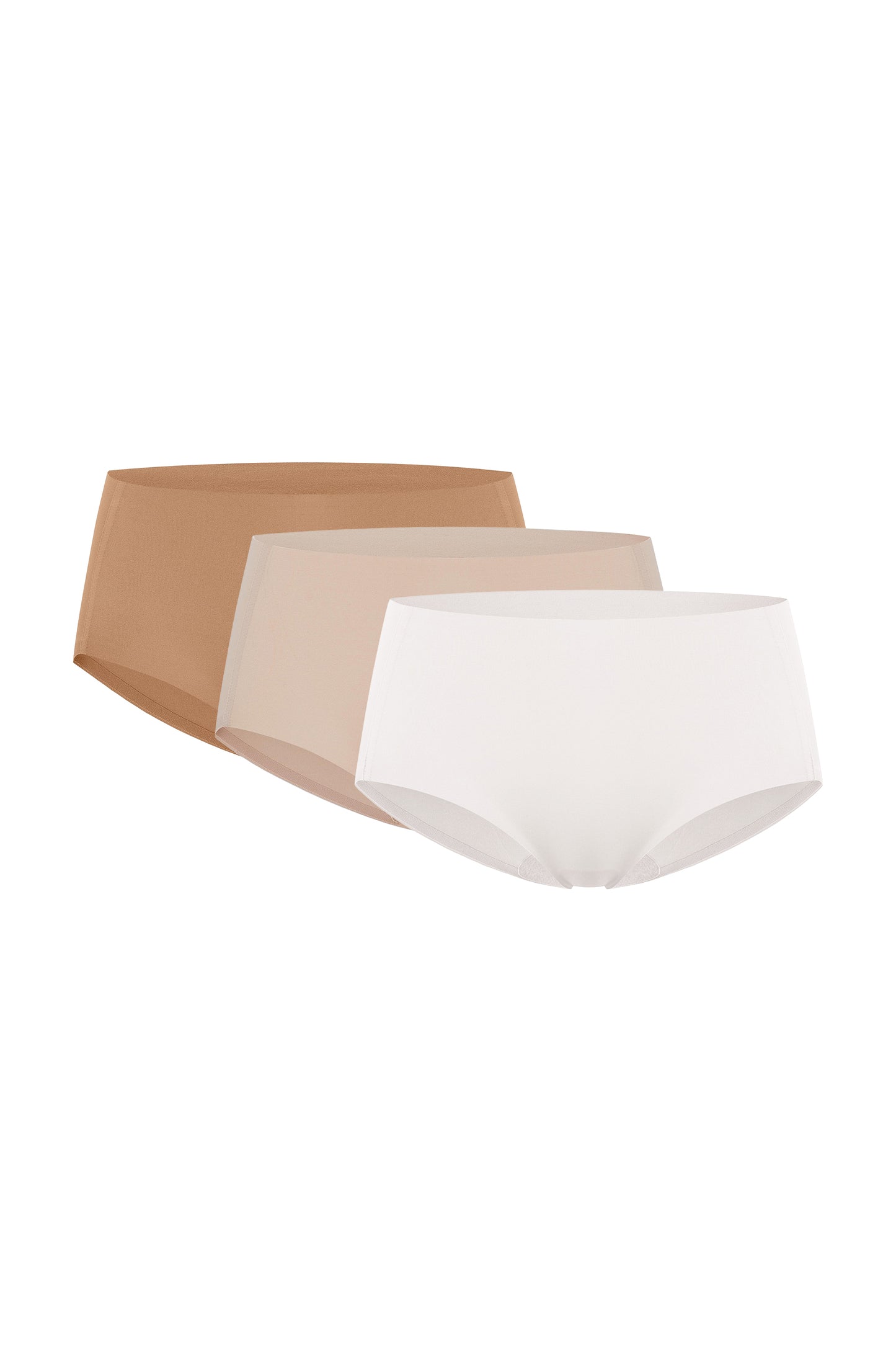 Flay lay images of white underwear, beige underwear, and dark tan underwear