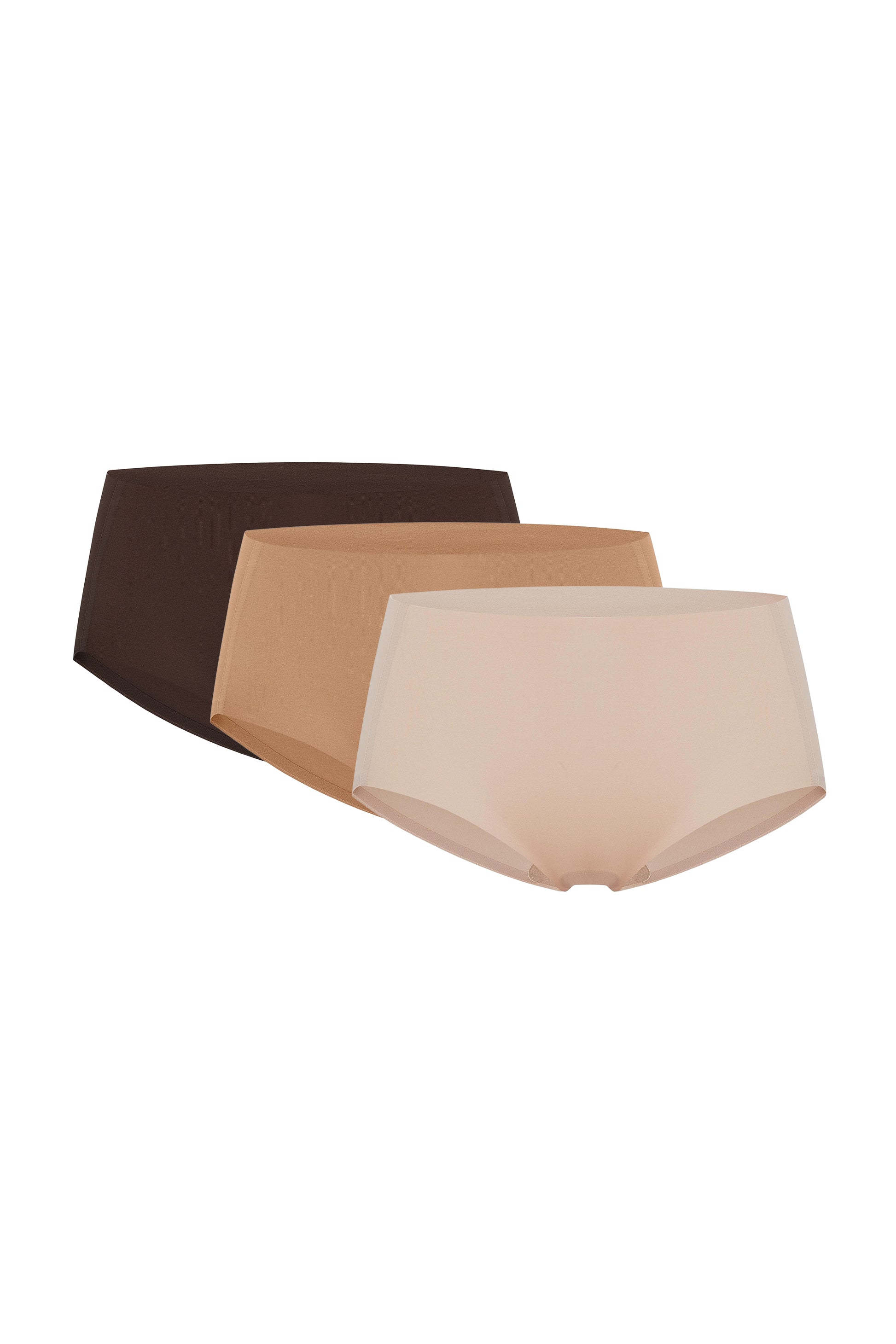 Flay lay images of beige underwear, dark tan underwear, and brown underwear