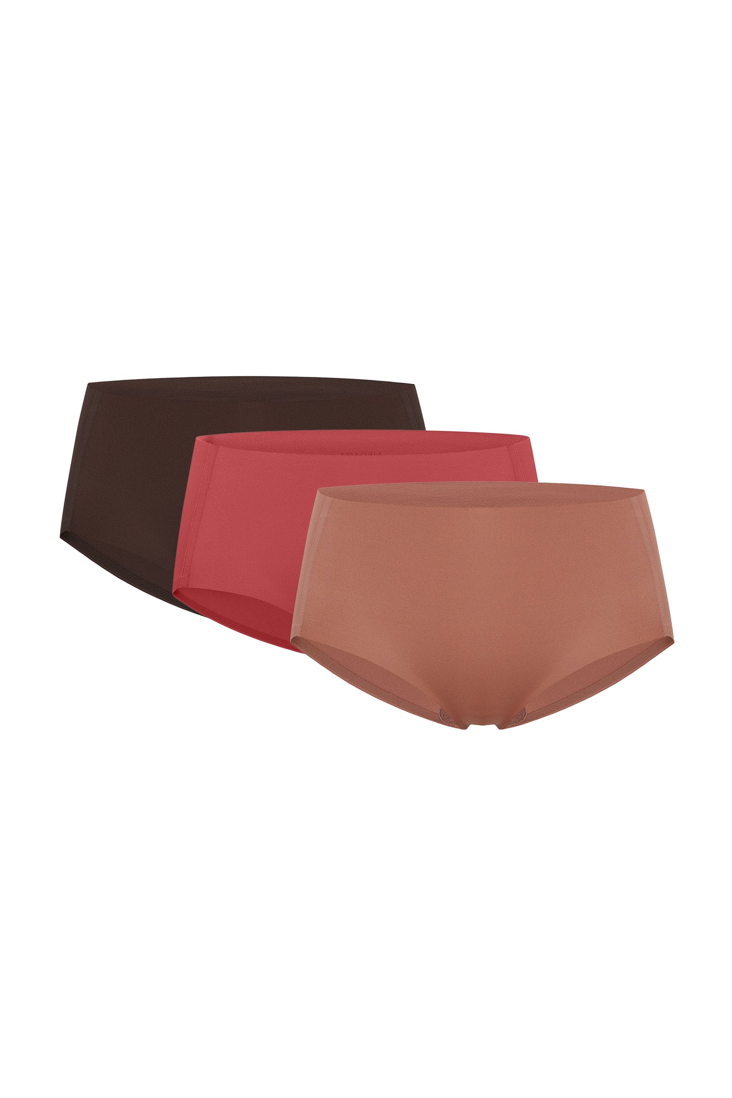 Flay lay images of rust-colored underwear, red underwear, and brown underwear