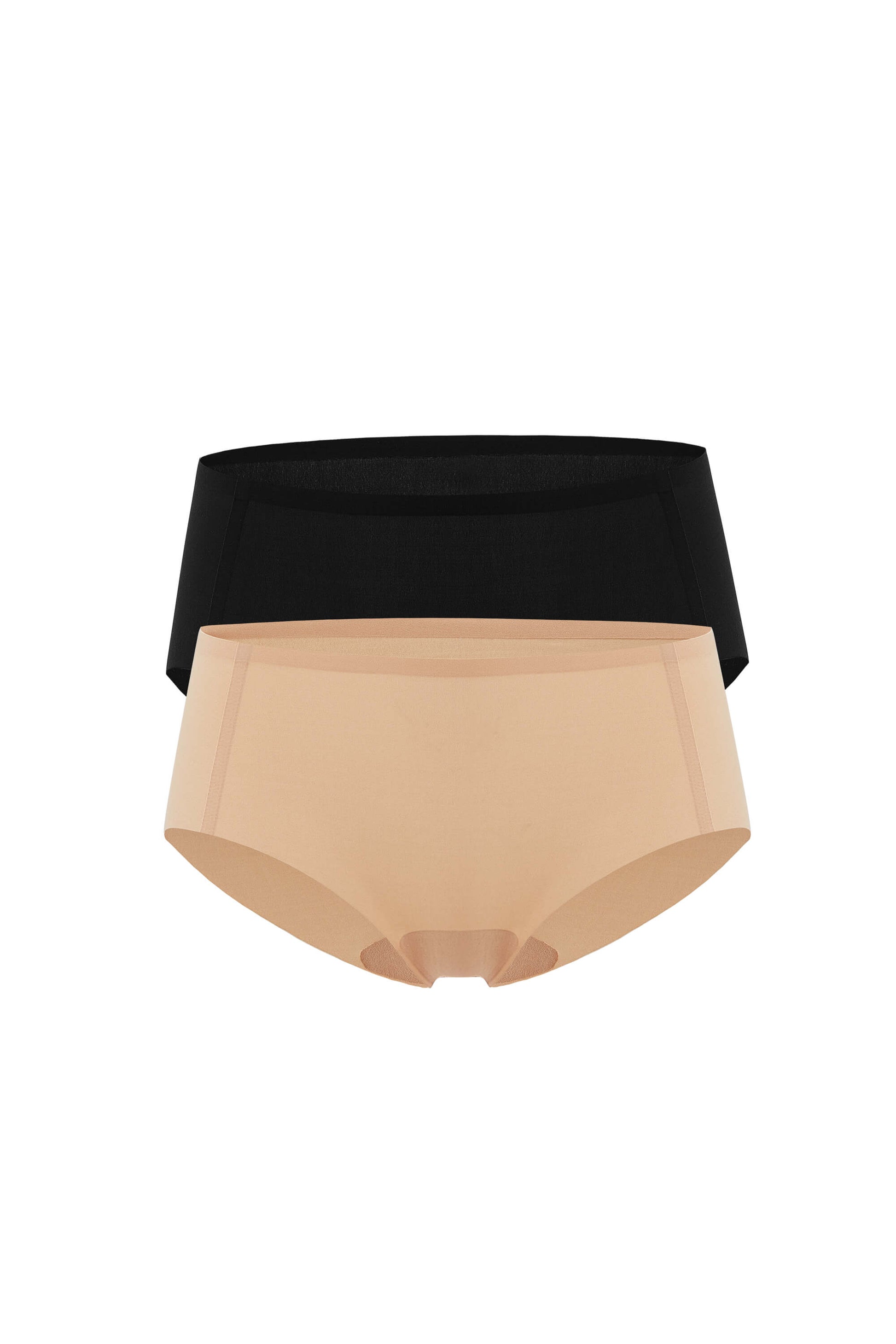 Flat lay image of black underwear and tan underwear