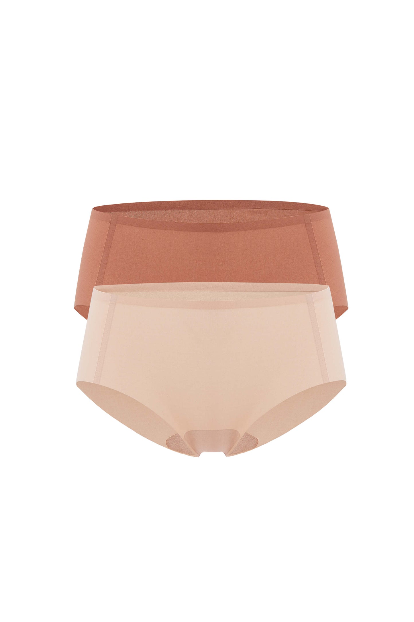 Flat lay image of rust-colored underwear and beige underwear