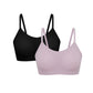 Flat lay image of lavender and black spaghetti strap bras