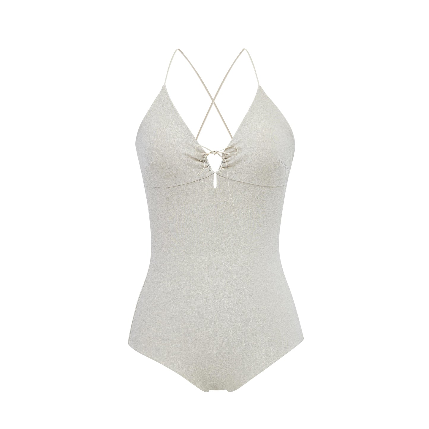 Flat lay image of gold one piece swimsuit with spaghetti straps and keyhole neckline design