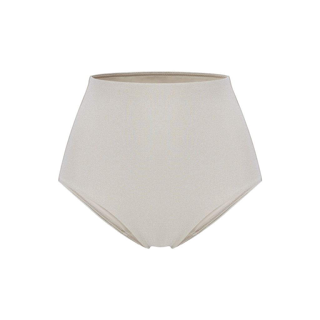 Flat lay image of gold high waisted bikini bottom