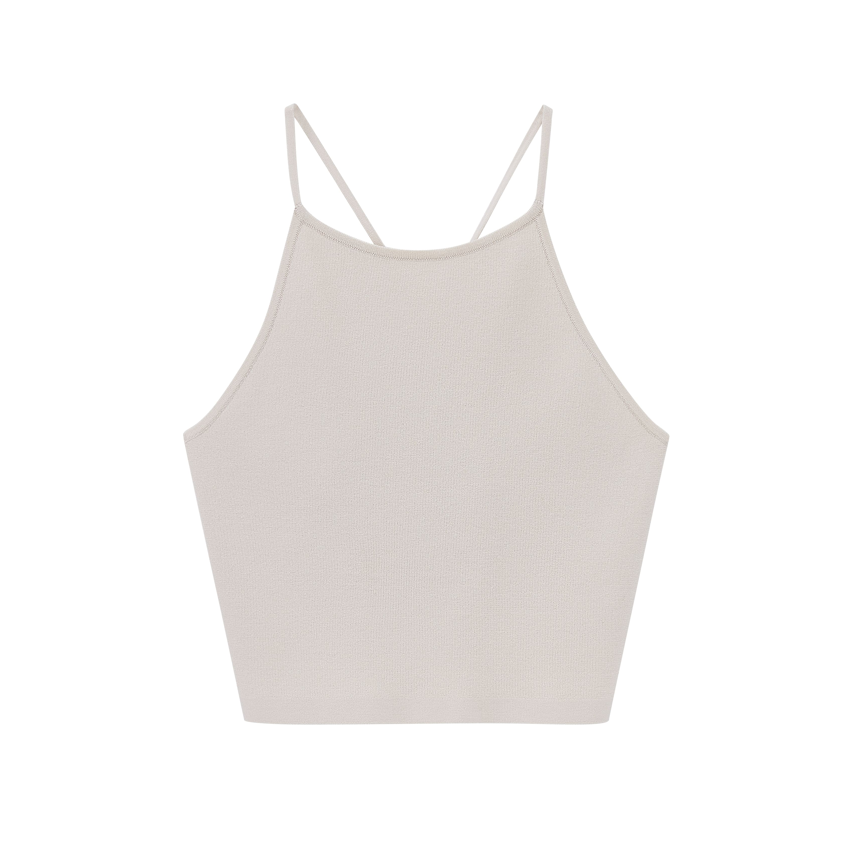 Flat lay image of front of beige-colored tank top