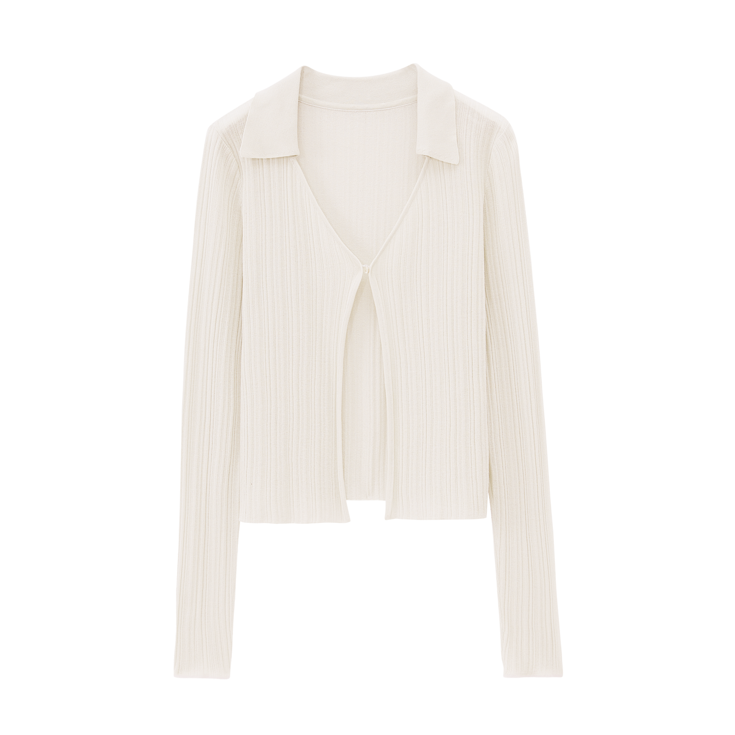 Flat lay image of off white knit cardigan with collar