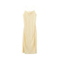 Flat lay image of front of cream colored dress with thin straps and high leg slits