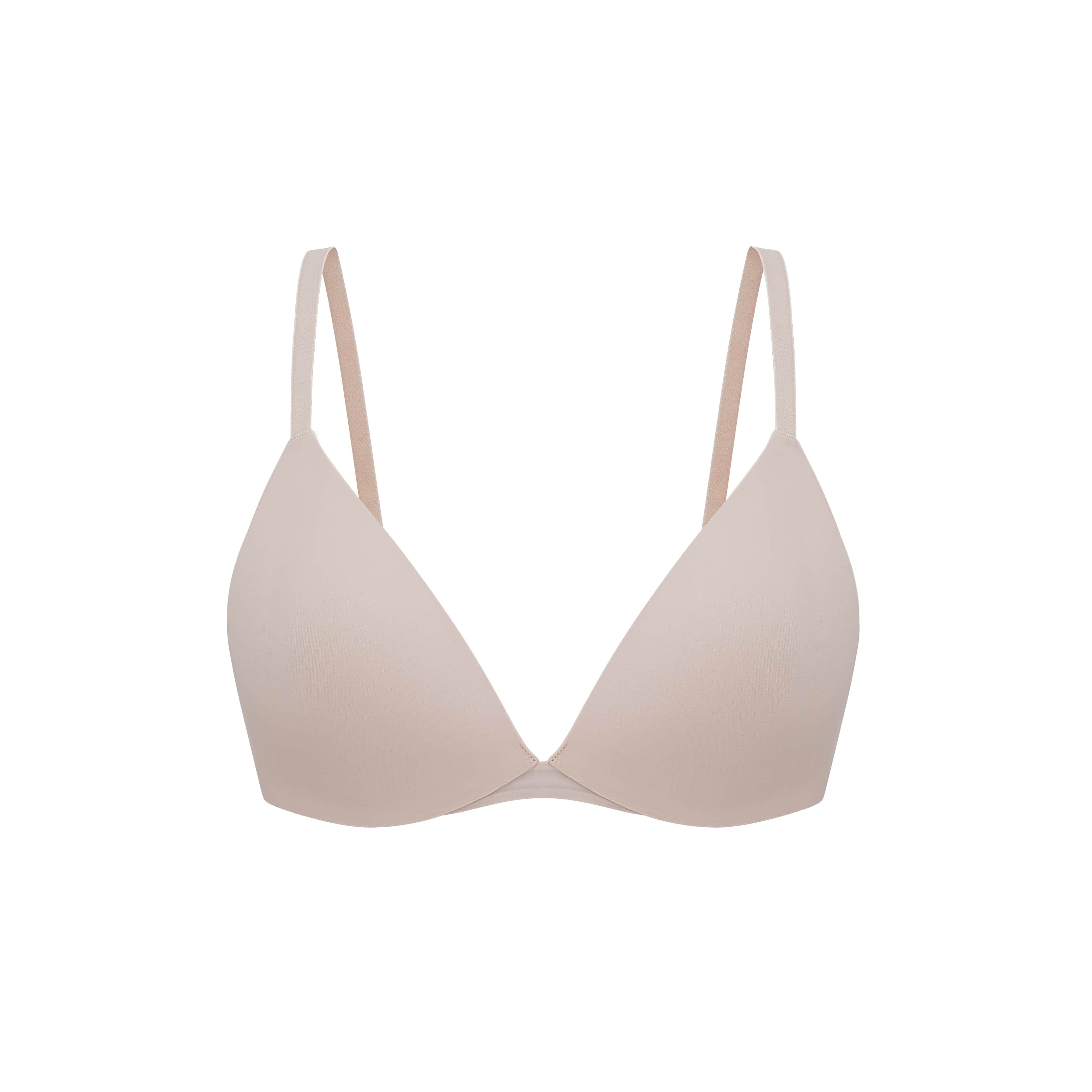 Flat lay of light pink bra.